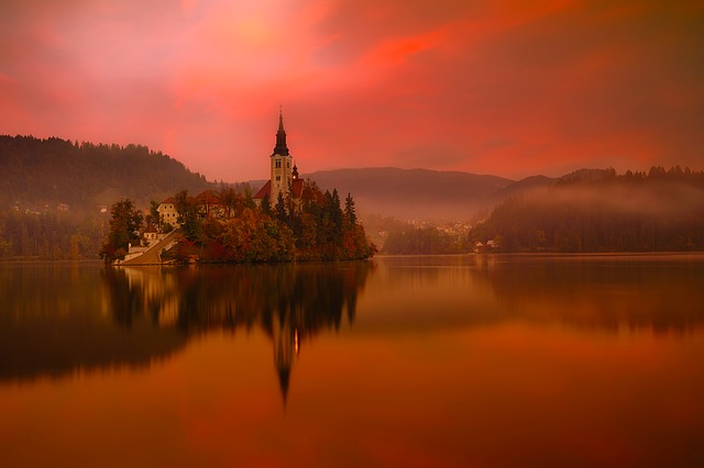 sunset on lake Bled